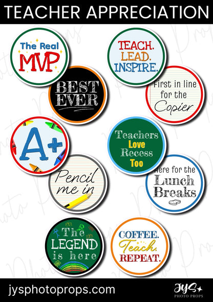 Colorful teacher appreciation photo booth props featuring witty messages and creative designs, ideal for school events and teacher celebrations