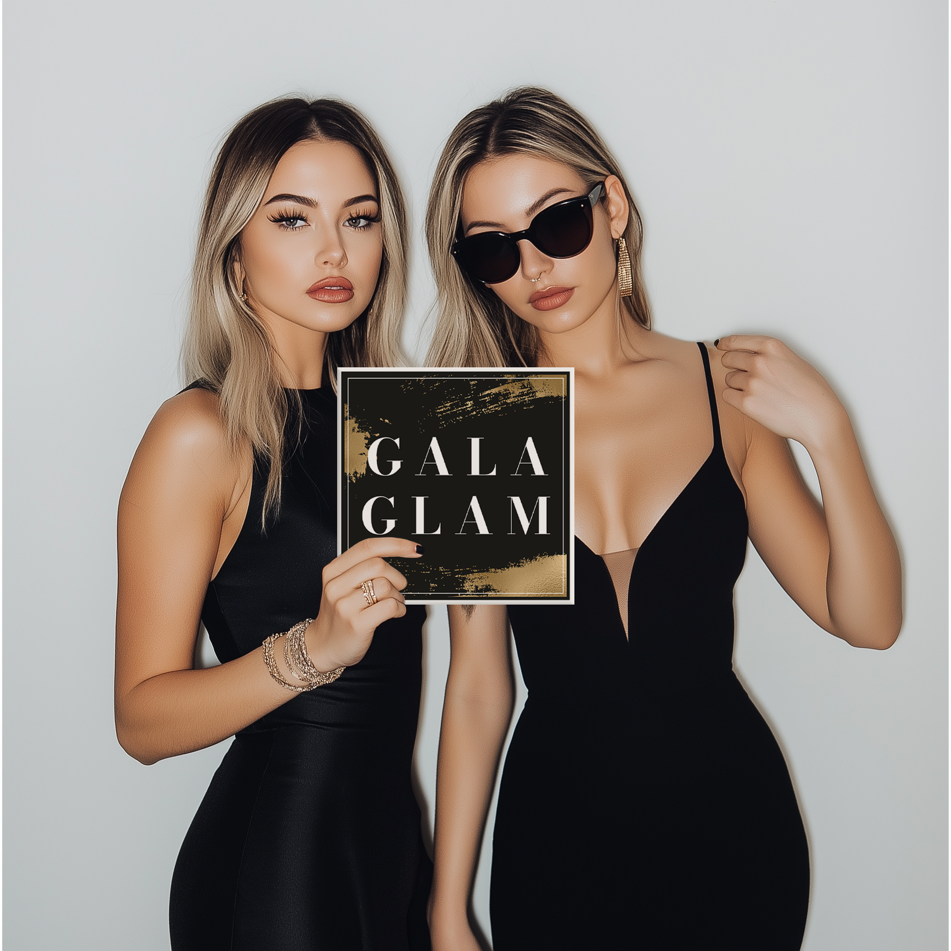 Stylish gala photo booth props held by two women at a glamorous celebration