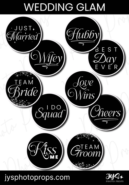 Stylish glam wedding photo booth props featuring trendy messages and luxe finishes for upscale events