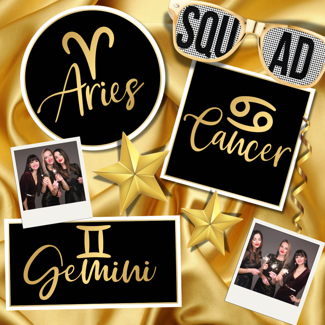 Zodiac-themed birthday photo booth props with astrology-inspired designs, perfect for celestial celebrations